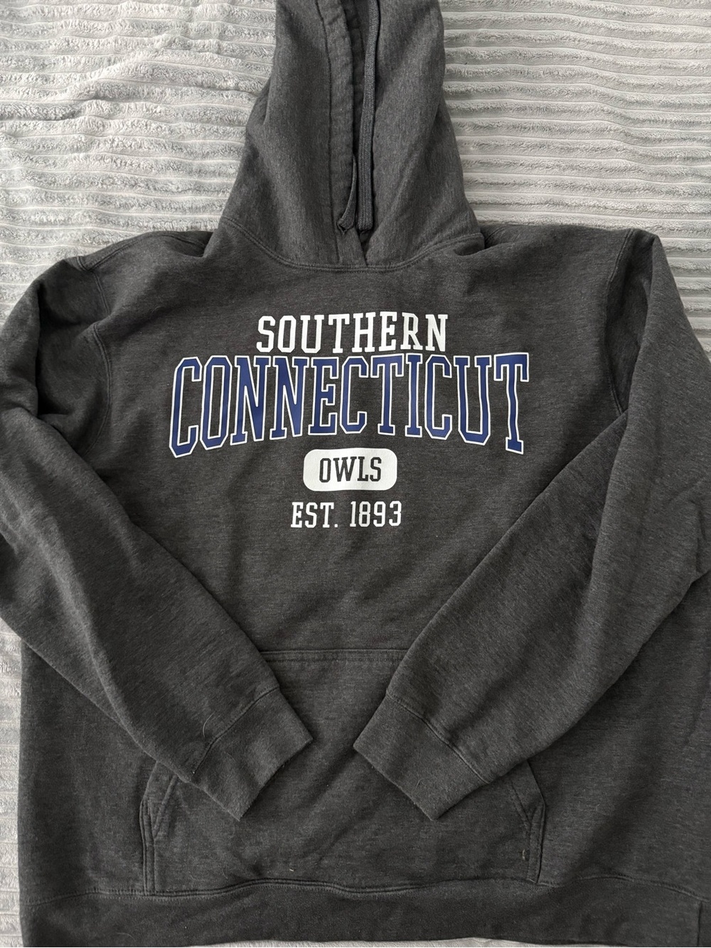 Port and Company Charcoal Hoodie with Blue & White Collegiate Print